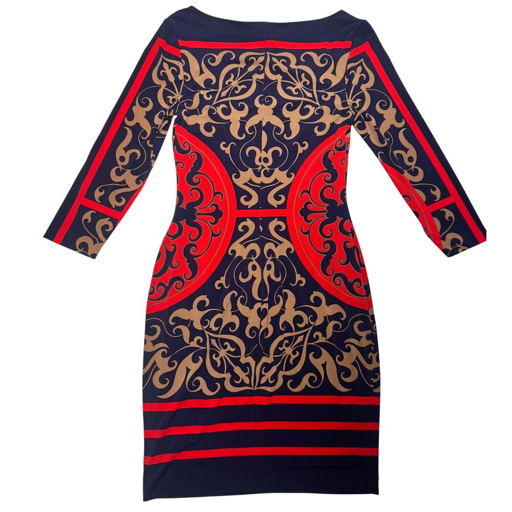 Cache Bodycon Sheath Dress Baroque Navy Red Women’s Medium Boat Neck Geometric - Picture 3 of 16